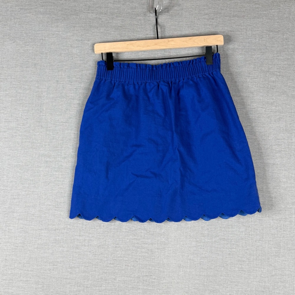 J.Crew Scalloped Mini Skirt Women 2 Blue Linen Blend Elastic Waist H5397‎